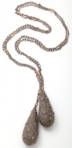 A long chain necklace with a pendant on it.