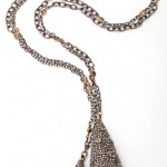 A long chain necklace with a pendant on it.