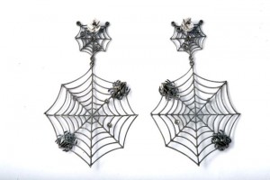 A pair of spider web earrings with spiders.