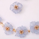 A necklace and earrings set of blue flowers.