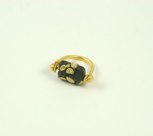 A black and gold ring is shown on a white background.