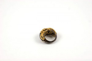 A black and gold ring is shown on the white background.