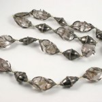 A long necklace of silver beads and glass