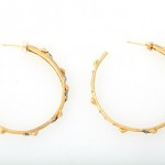 A pair of gold hoop earrings with blue stones.