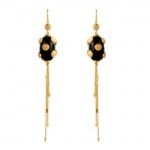 A pair of gold earrings with black stones.