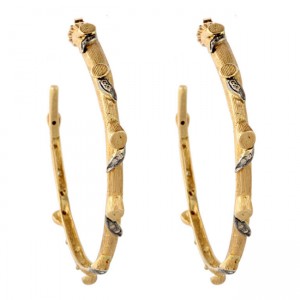 A pair of gold and diamond hoop earrings.