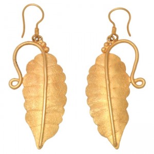 A pair of gold leaf earrings with spiral earwires.