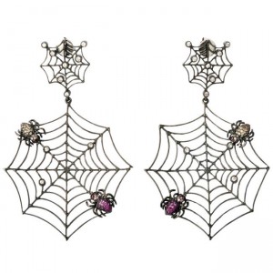 A pair of spider web earrings with spiders and gemstones.
