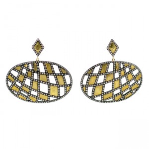 A pair of yellow and black diamond earrings.