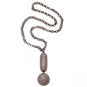 A long chain with a ball and a cylinder pendant.