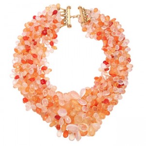A necklace of orange and red beads is shown.