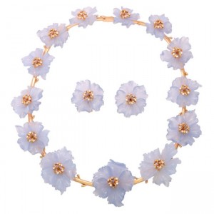 A necklace and earrings set with blue flowers.
