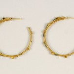 A pair of gold hoop earrings with blue stones.