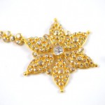 A gold star with white stones on it
